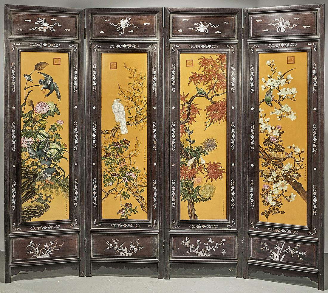 Chinese Four-Panel Painted Wood Screen (1 of 6)