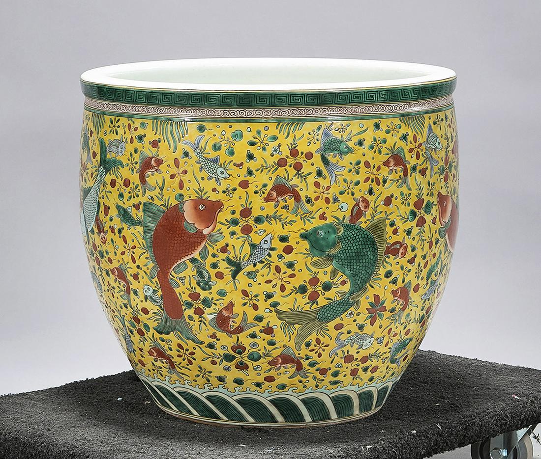 Chinese Enameled Porcelain Fish Bowl: Chinese enameled porcelain fish bowl with fish motif; 18" x 20" (approx.) Condition: general wear, frits, pits, minor losses
