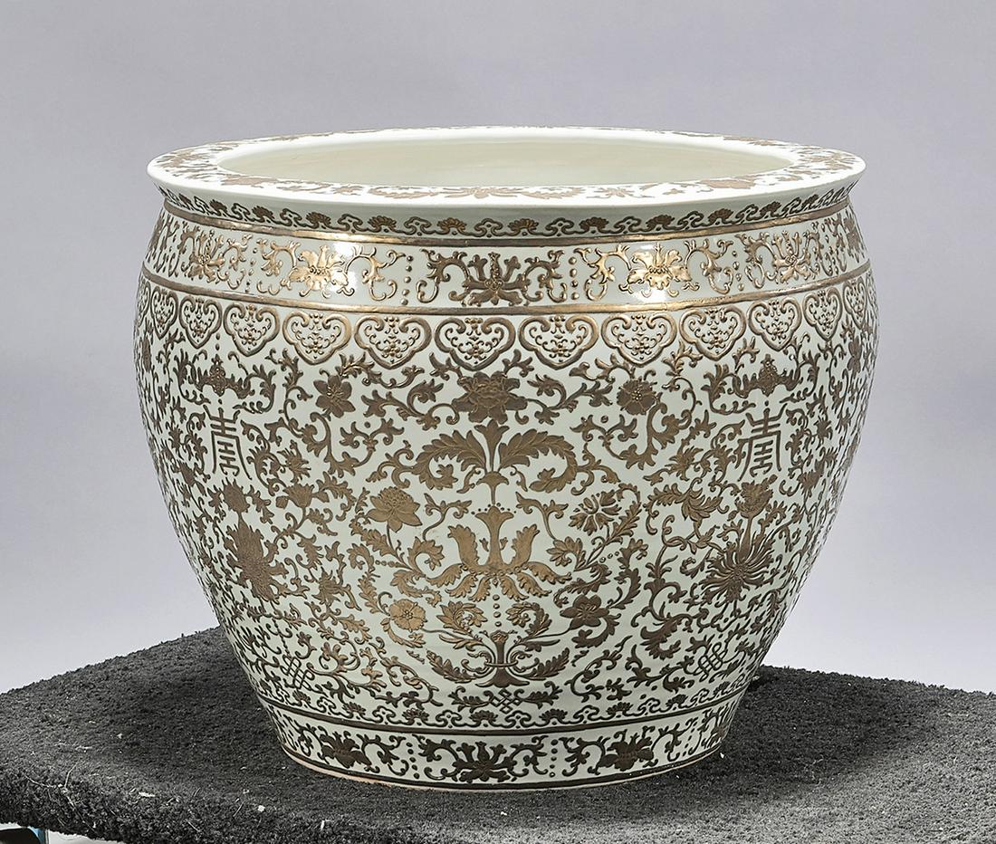 Chinese Porcelain Fish Bowl: Chinese porcelain fish bowl with gilt all-over design; 16" x 18" (approx.) Condition: general wear, frits, pits, minor losses