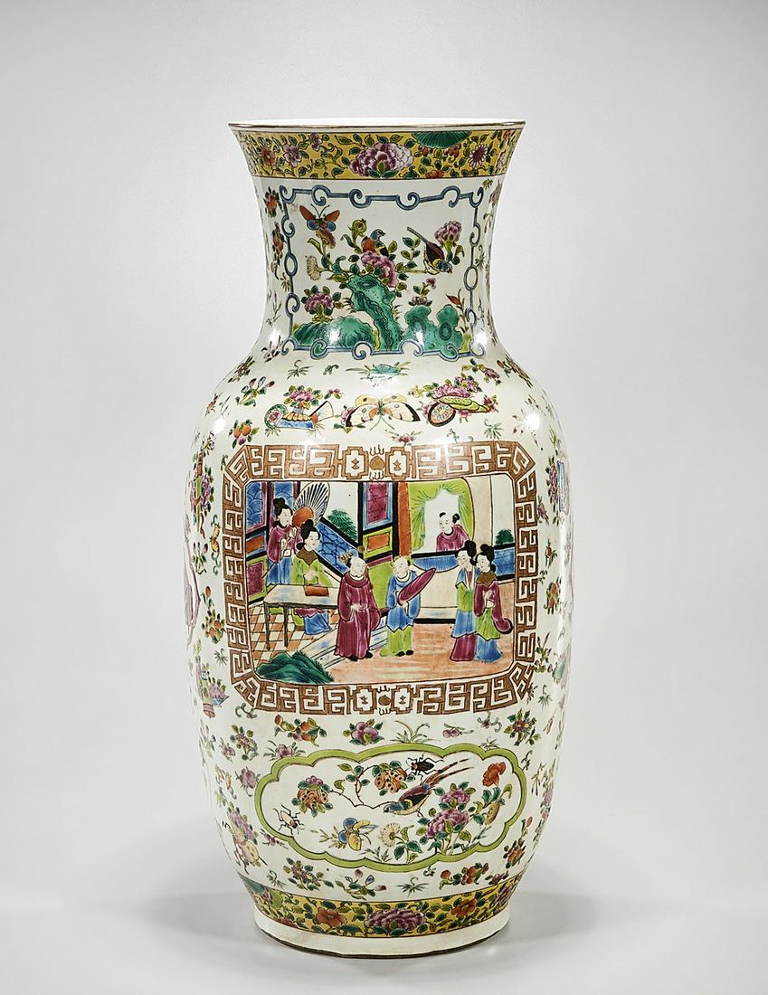 Chinese Famille Rose Porcelain Vase: Chinese famille rose enameled porcelain vase; figures, flowers and birds design; 21" x 10" (approx.) Condition: general wear, frits, pits, minor losses