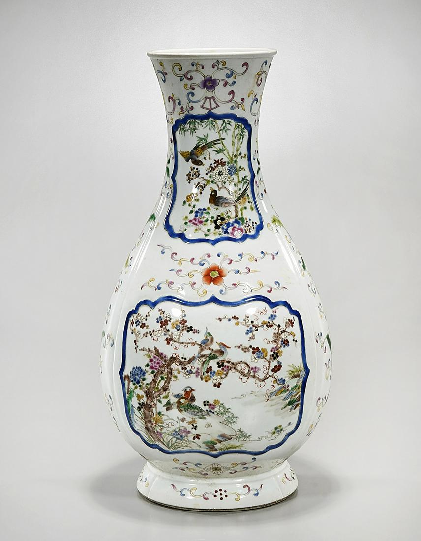 Chinese Enameled Porcelain Vase: Chinese enameled porcelain vase; bird and floral motifs; hallmark to base; 19 1/4" x 10 1/2" (approx.) Condition: general wear, frits, pits, minor losses