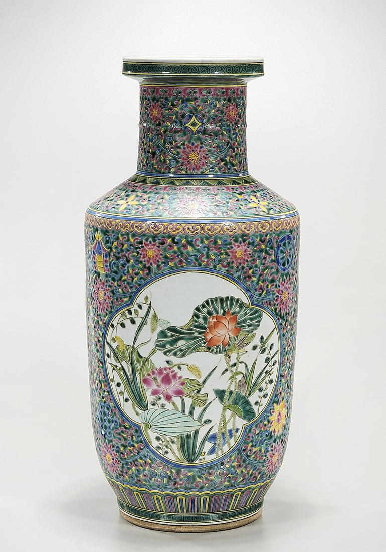 Chinese Enameled Porcelain Vase: Chinese enameled porcelain vase; flowers and insects furrounded by fish and flower all-over design; mark to base; 17 1/4" x 8" (approx.) Condition: general wear, frits, pits, minor losses