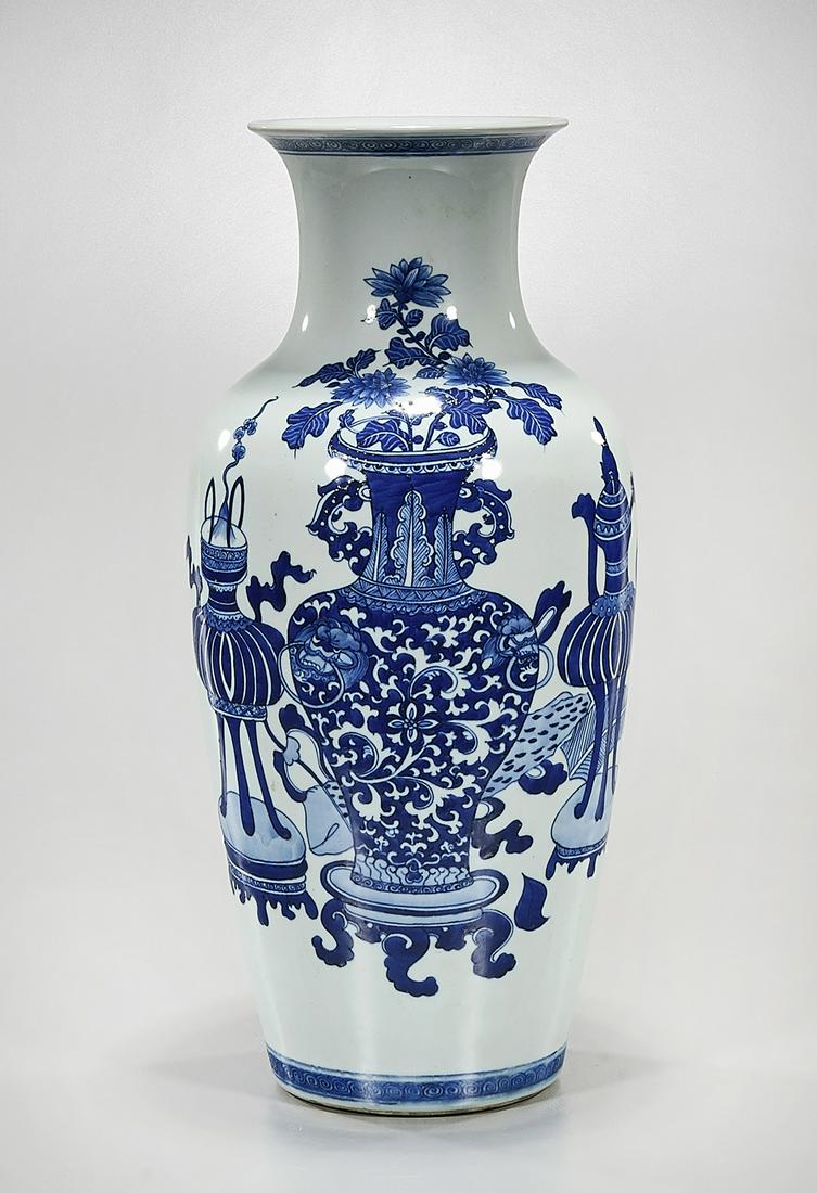 Chinese Blue and White Porcelain Vase: Chinese blue and white porcelain vase; 18 3/4" x 8 1/2" (approx.) Condition: general wear, frits, pits, minor losses