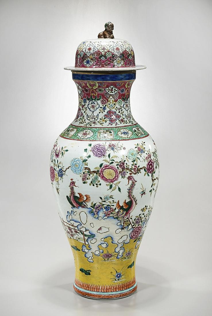 Tall Chinese Enameled Porcelain Covered Vase: Tall Chinese enameled porcelain covered vase; flowers, birds and butterflies design; mark to base; 30" x 13" (approx.) Condition: general wear, frits, pits, minor losses