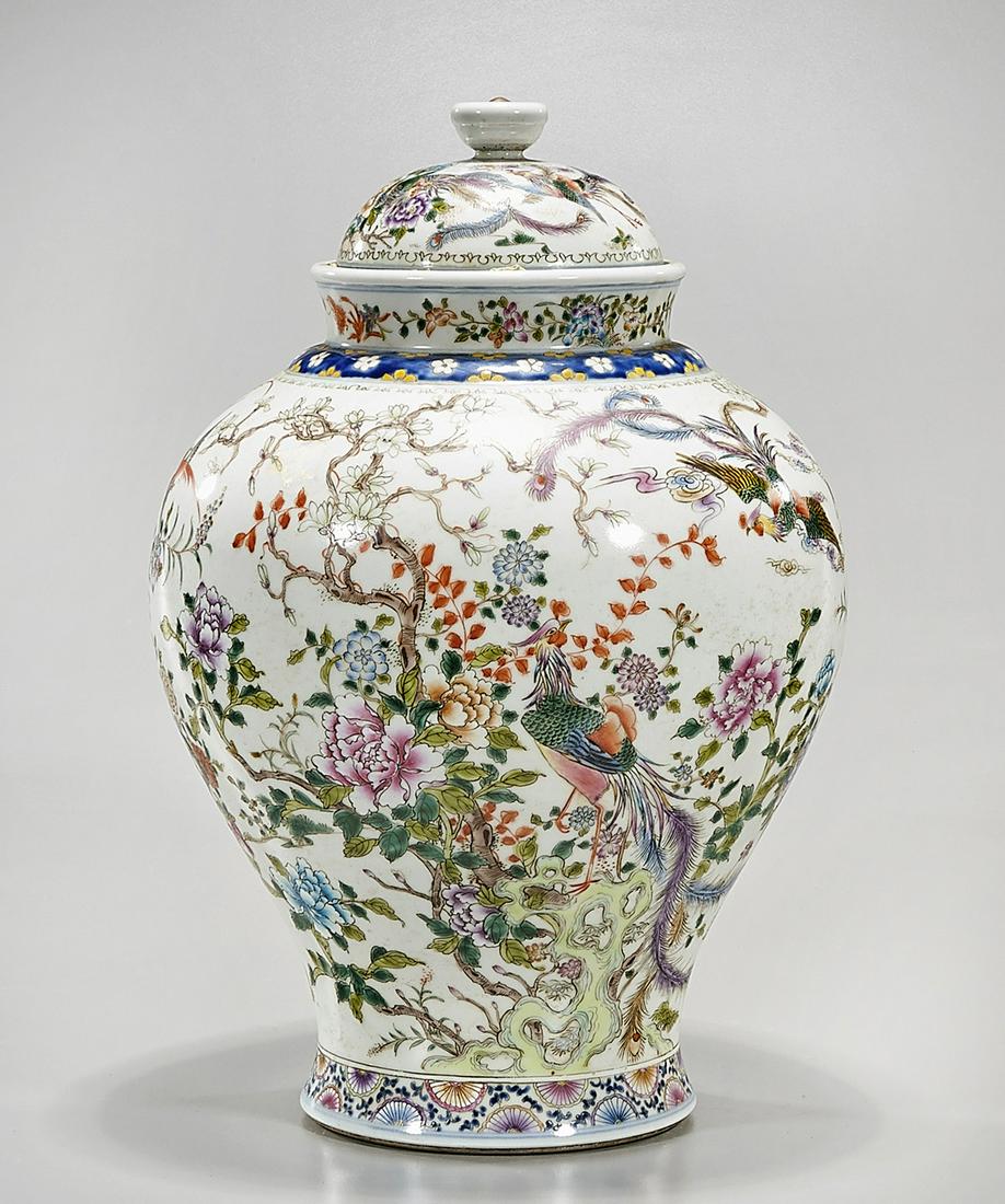 Chinese Enameled Porcelain Covered Vase: Chinese enameled porcelain covered vase with birds and flower designs; mark to base; (approx.) Condition: general wear, frits, pits, minor losses