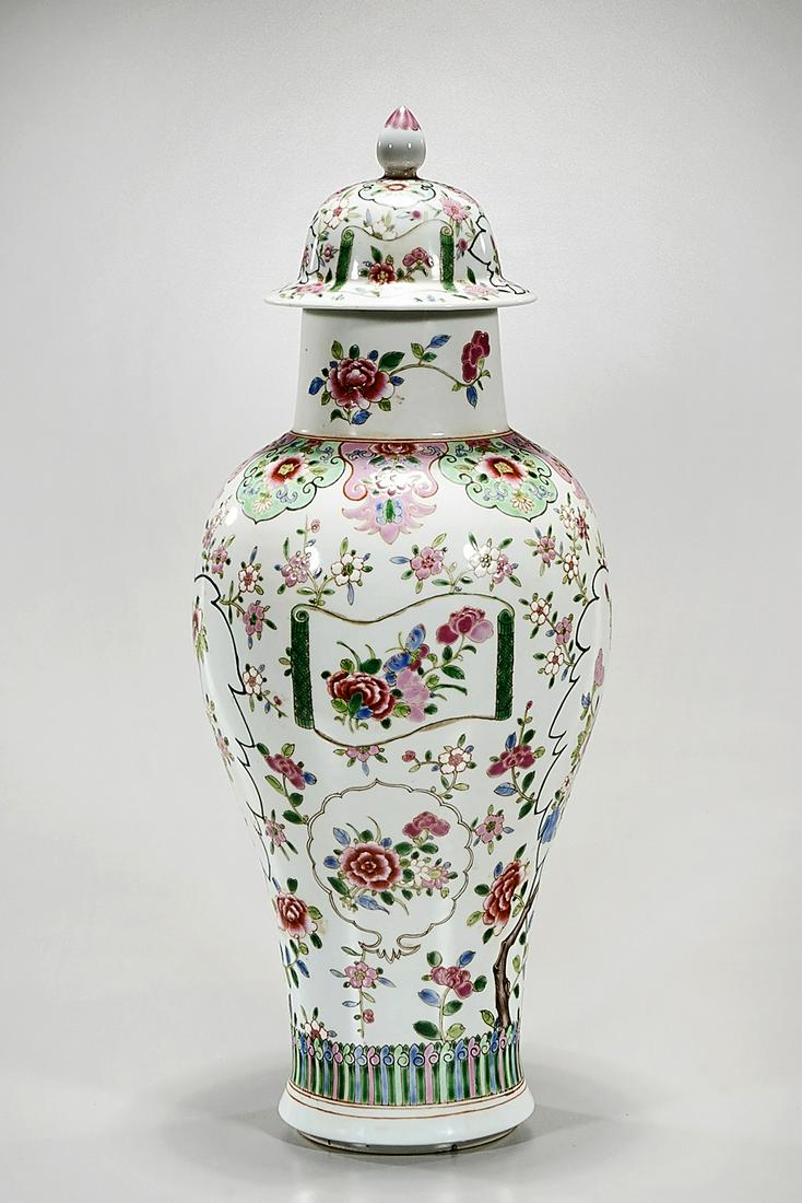 Chinese Enameled Porcelain Covered Vase: Chinese enameled porcelain covered meiping vase; floral motifs; 19 3/4" x 7 1/2" (approx.) Condition: general wear, frits, pits, minor losses