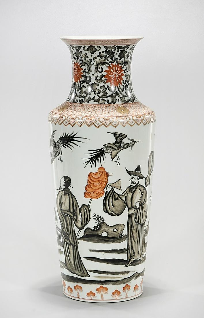 Chinese Enameled Porcelain Rouleau Vase: Chinese enameled porcelain; ink color with red; figural motifs; 15 1/2" x 6"(approx.) Condition: general wear, frits, pits, minor losses