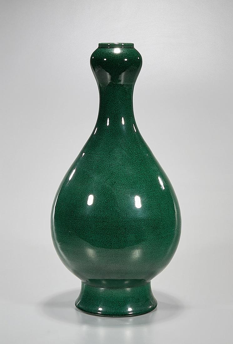 Chinese Green Glazed Porcelain Vase: Chinese green glazed porcelain garlic mouth vase; 17" x 9" (approx.) Condition: general wear, frits, pits, minor losses