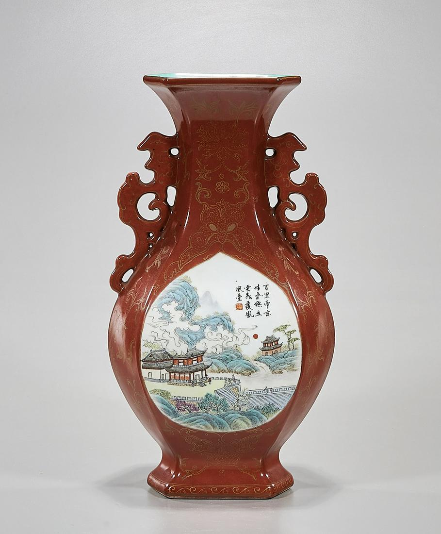 Chinese Enameled Porcelain Vase: Chinese enameled porcelain vase depicting landscape and water scenes, with calligraphy; handles to neck; 14" x 7" x 6" (approx.) Condition: general wear, frits, pits, minor losses