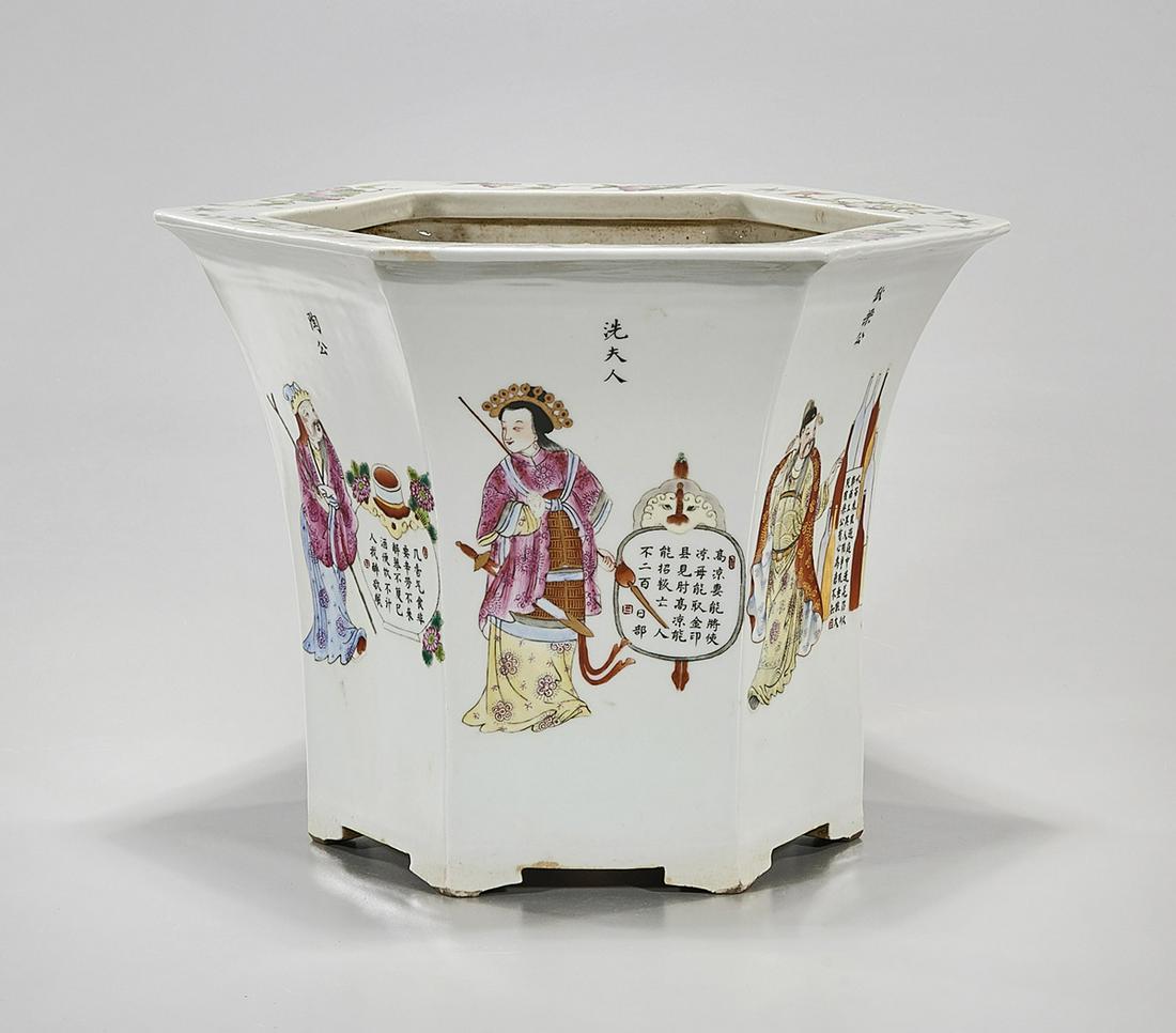 Chinese Enameled Porcelain Hexagonal Planter: Chinese enameled porcelain hexagonal planter depicting figures; 9" x 12" (approx.) Condition: general wear, frits, pits, minor losses