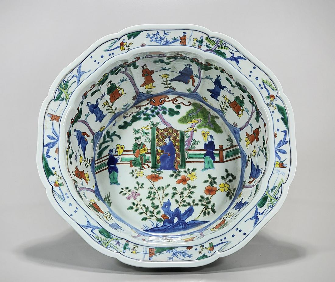 Chinese Doucai Porcelain Basin: Chinese doucai porcelain basin; figural motif; 5" x 15" (approx.) Condition: general wear, frits, pits, minor losses