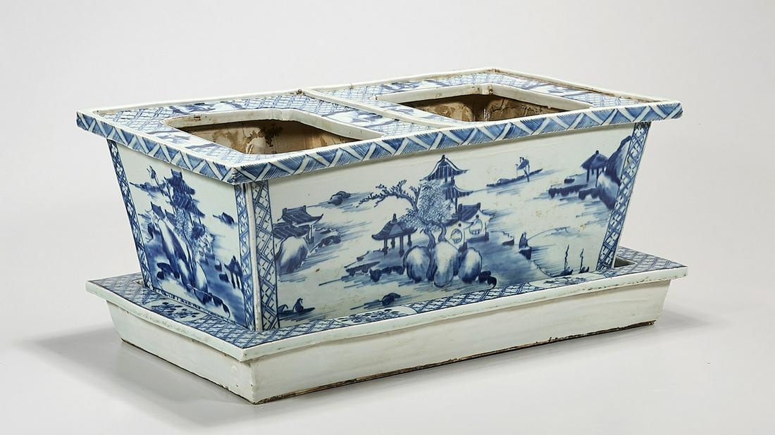 Chinese Blue and White Porcelain Double Planter: Chinese blue and white porcelain double planter, with basin; water scene with figures; 8" x 18" x 11" (approx.) Condition: general wear, frits, pits, minor losses
