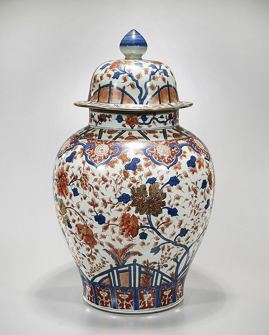 Tall Japanese Blue, Red and White Porcelain Covered: Tall Japanese blue, red and white porcelain covered vase; 27" x 16" (approx.) Condition: general wear, frits, pits, minor losses