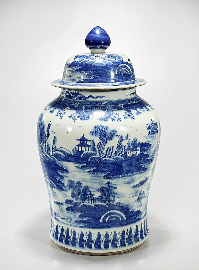 Tall Chinese Blue and White Porcelain Covered Vase: Tall Chinese blue and white porcelain covered vase with landscape motifs; 24" x 16" (approx.) Condition: general wear, frits, pits, minor losses