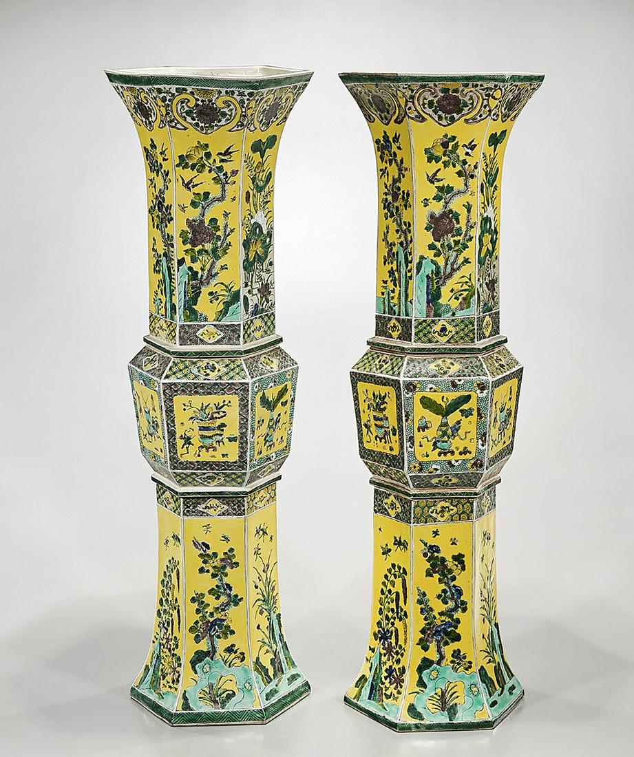 Pair Tall Chinese Enameled Porcelain Hexagonal Gu-Form (1 of 5)