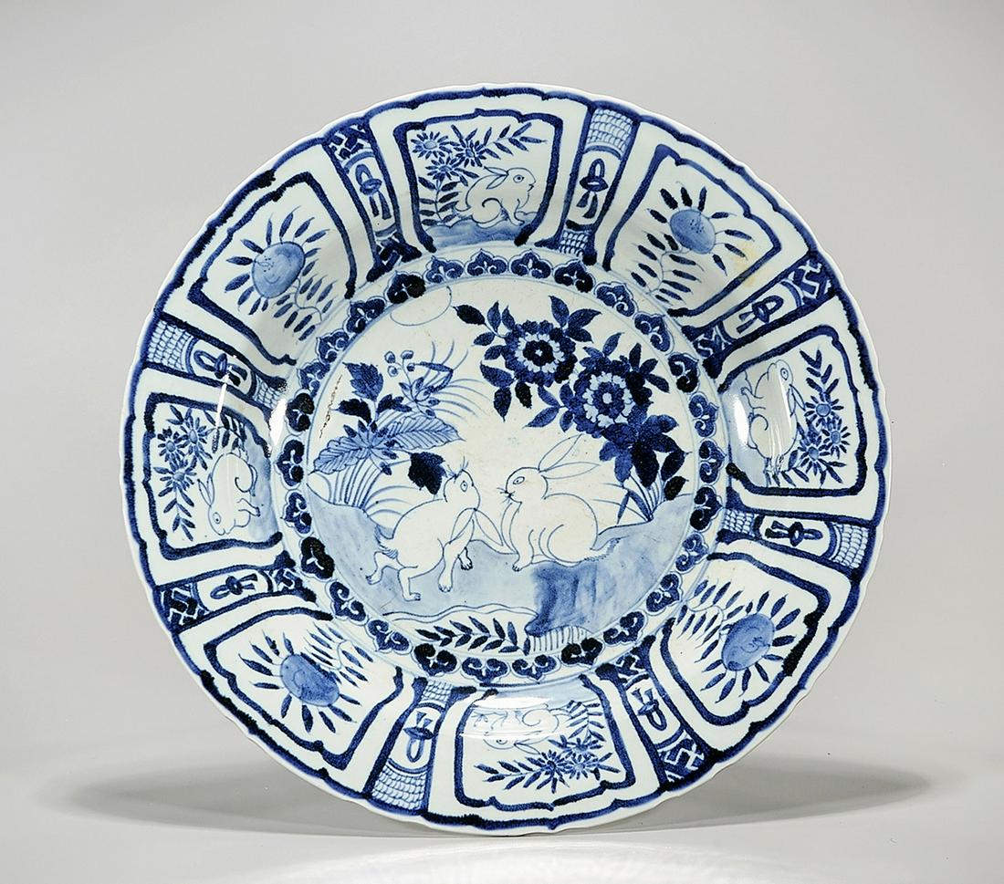 Chinese Blue and White Porcelain Charger: Chinese blue and white porcelain charger; rabbits motif; D: 15 1/2" (approx.) Condition: general wear, frits, pits, minor losses