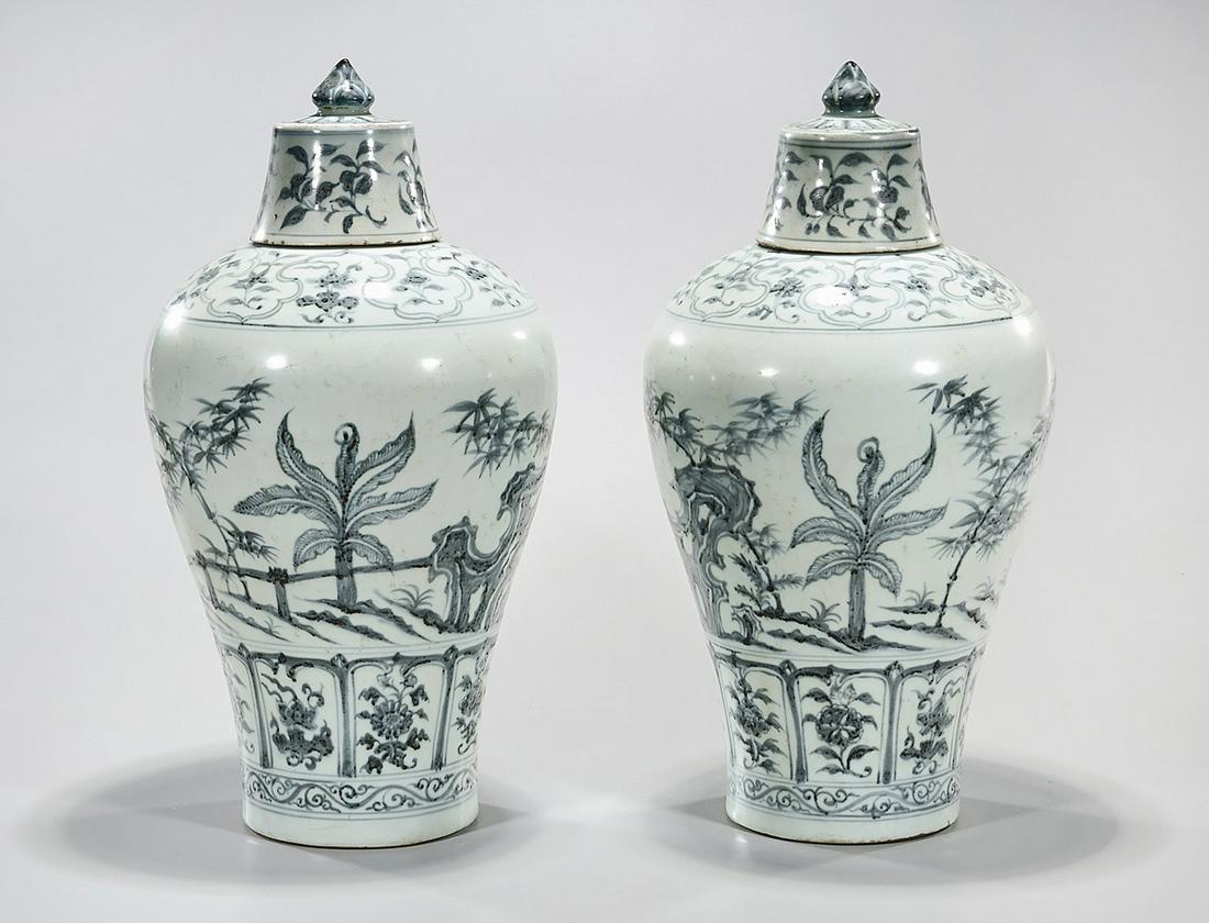 Chinese Porcelain Covered Meiping Vase: Chinese porcelain covered meiping vase; landscape motif with bamboo, trees and flowers; 17" x 9" (approx.) Condition: wear, frits, pits