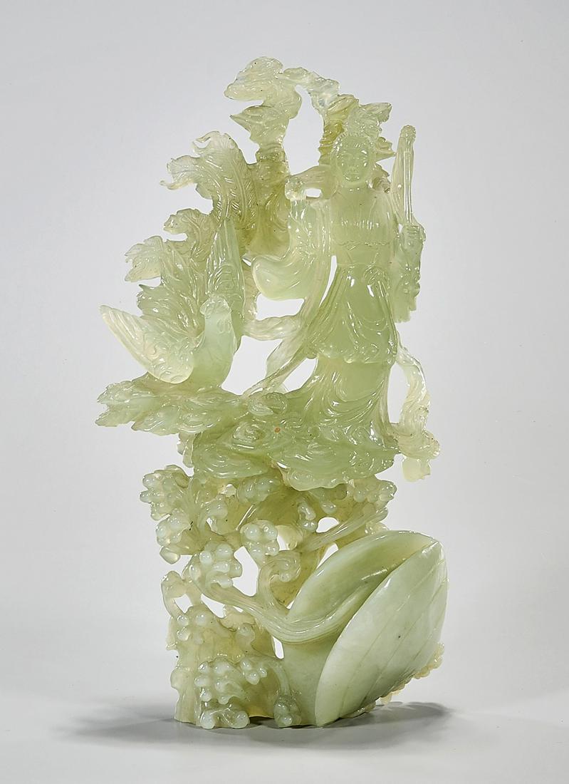 Chinese Carved Bowenite Figure Group: Chinese carved bowenite group of beauties; 13" x 7" x 3" (approx.) Condition: wear, surface scuffing and scratches, minor loss