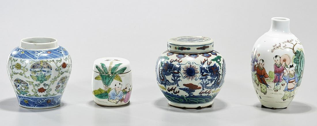 Group of Four Various Chinese Enameled Porcelains: Four Chinese enameled porcelains; including two covered vases, a jar and a taller vase; 7" x 4" (tallest, approx.) Condition: wear, frits, pits, minor losses