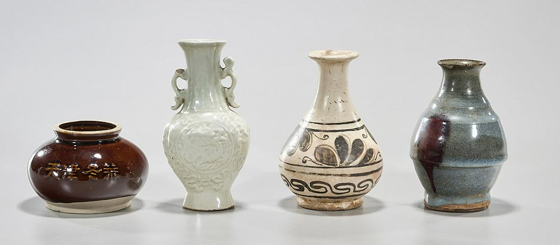 Group of Four Chinese Monochrome Ceramics: Group of four Chinese monochrome ceramics; including three vases and a jar; 7" x 5" (largest, approx.) Condition: wear, frits, pits, minor losses