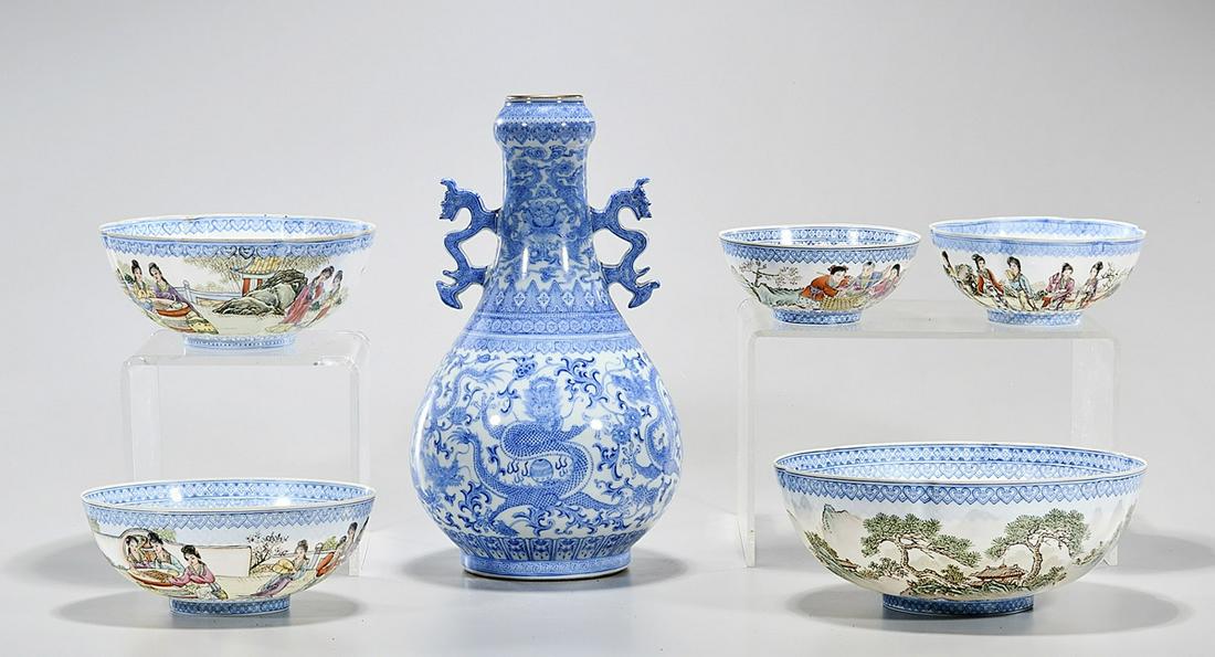 Group of Six Chinese Blue and White Enameled Ceramics: Six Chinese blue and white ceramics, including five bowls and a vase; 11 1/2" x 7" (largest, approx.) Condition: wear, frits, pits, minor losses