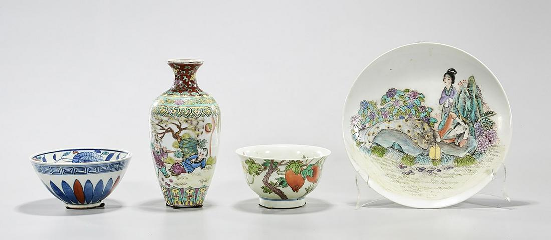 Group of Four Various Chinese Porcelains: Four Chinese porcelains, including an enameled dish, two bowls and a vase 8" x 4" (largest, approx.) Condition: frits, pits, wear, minor loss