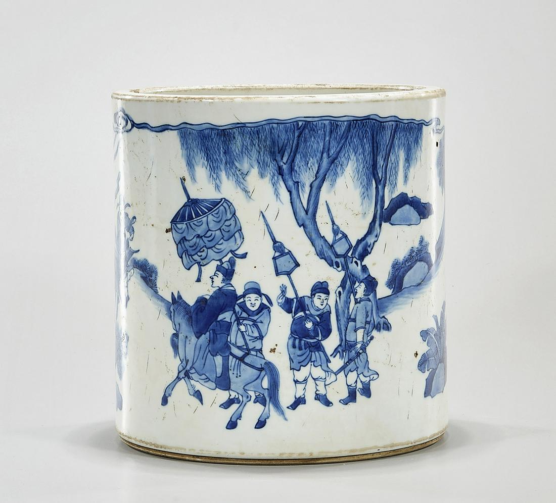 Chinese Blue and White Porcelain Brush Pot: Chinese blue and white porcelain brush pot; depicting various figures; 8" x 8" (approx.) Condition: wear, frits, pits, minor loss