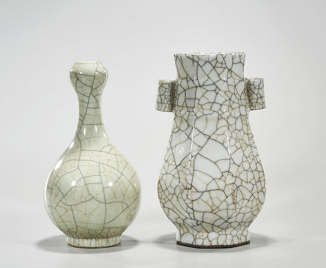 Two Chinese Crackle Glazed Porcelain Vases: Two Chinese crackle glazed porcelain vases; including hu-form and garlic mouth; 11" x 6" (approx.) Condition: wear, frits, pits, minor loss