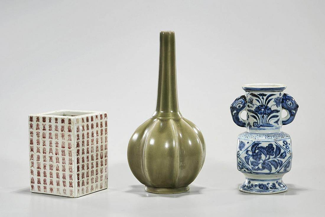 Group of Three Chinese Ceramics: Three Chinese ceramics; including two vases and a brush pot; 11" x 5" (tallest, approx.) Condition: wear, frits, pits, firing flaws,minor loss