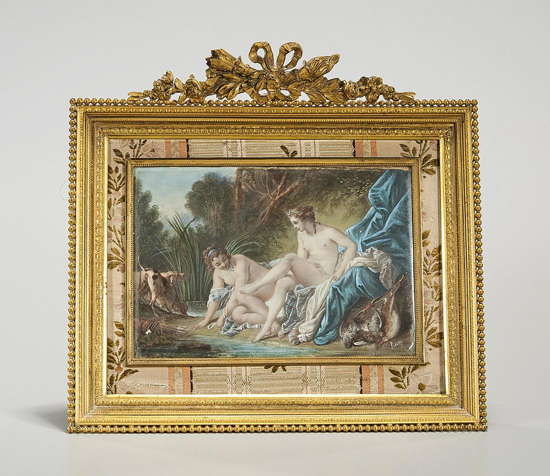 Oil on Copper Painting, "Diana Leaving Her Bath",: Oil on copper painting after Francois Boucher (French, 1703-1770); "Diana Leaving Her Bath"; signed lower right "Perin"; framed; 4 1/8" x 6 1/8" (sight, approx.) Condition: general wear