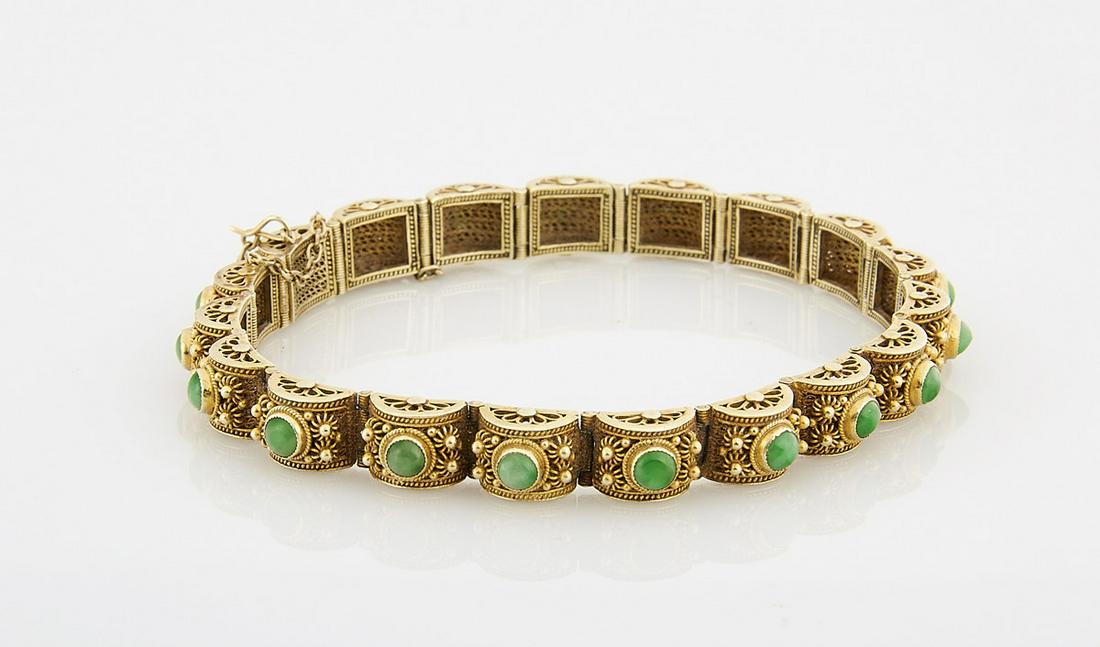 14K Yellow Gold and Jadeite Bracelet: 14k yellow gold and jadeite bracelet; gross weight approx. 21g