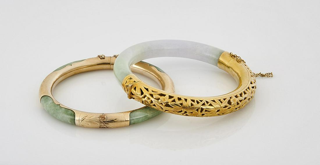Two 14K Yellow Gold and Jadeite Bangles: Two 14k yellow gold and jadeite bangles; gross weight approx. 73g