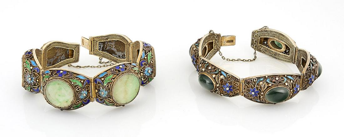 Two Chinese Enameled Silver Bracelets: Two Chinese enameled silver bracelets; one set with jadeite, the other with hardstone; gross weight approx. 93g