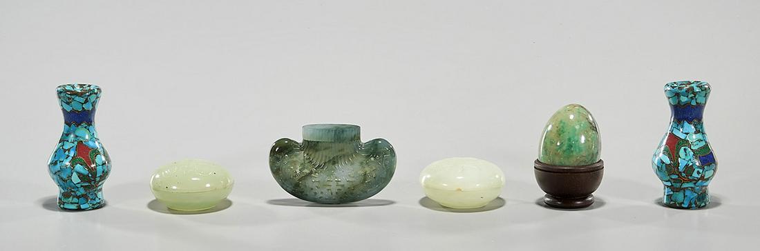 Group of Various Jadeite, Hardstone and Turquoise: Group of various carvings; including two turquoise vases and Chinese jadeite and hardstone pieces; L: 3 1/2" (longest, approx.) Condition: wear, surface scuffing, minor loss