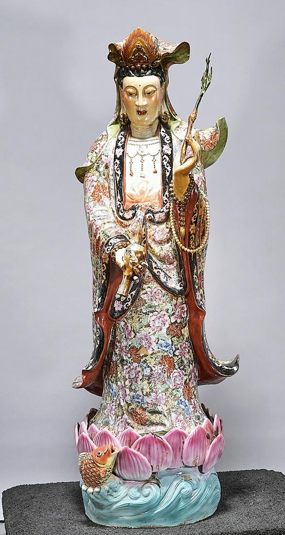 Tall Chinese Enameled Porcelain Guanyin Figure: Tall Chinese enameled porcelain figure of Guanyin; 49 1/2" x 17" x 16" (approx.) Condition: wear, frits, pits, minor losses