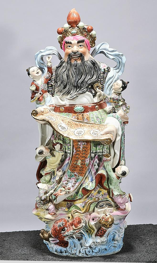 Chinese Enameled Porcelain Star God Figure: Chinese enameled porcelain Star God; 37 1/2" x 15" x 14" (approx.) Condition: wear, frits, pits, losses