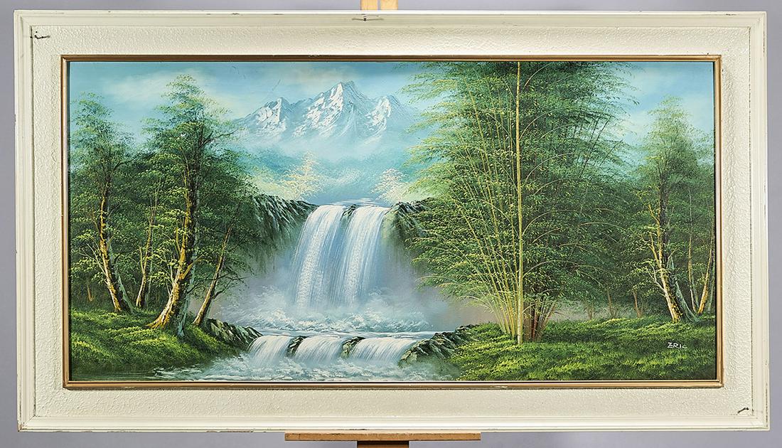 Large Framed Painting: Large framed painting of a waterfall with backgrounds of mountains; signed lower right "Eric"; 38" x 67" (overall, approx.) Condition: apparent water damage; buckling canvas