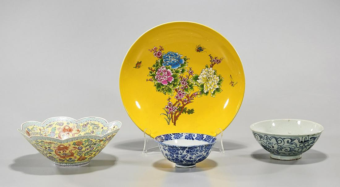 Group of Various Chinese Pocelains: Group of various Chinese porcelain bowls; including, blue and white, enamel and famille rose; D: 12" (largest, approx.) Condition: wear, frits, pits, minor loss
