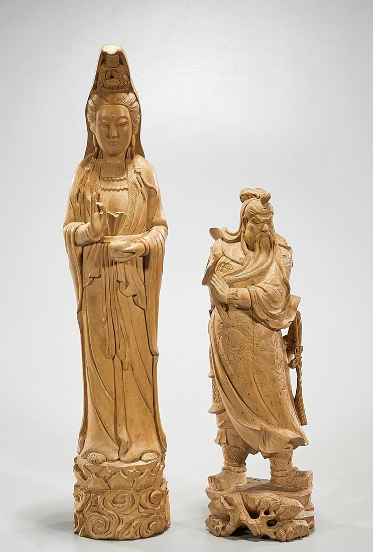 Two Chinese Wood Figures: Two Chinese wood standing figures; of Guandi and Guanyin; 20" x 4 1/2" x 3 1/2" (larger, approx.) Condition: wear, minor loss