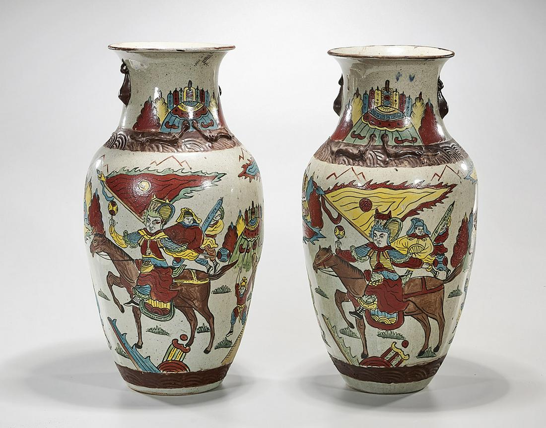 Pair Chinese Enameled Porcelain Vases: Pair of Chinese enameled porcelain vases; representing figural procession; 20" x 11" (each, approx.) Condition: wear, frits, pits, minor losses