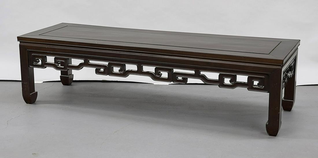 Chinese Wood Low Rectangular Table: Chinese wood lot rectangular table; carved apron; 16" x 60" x 20"