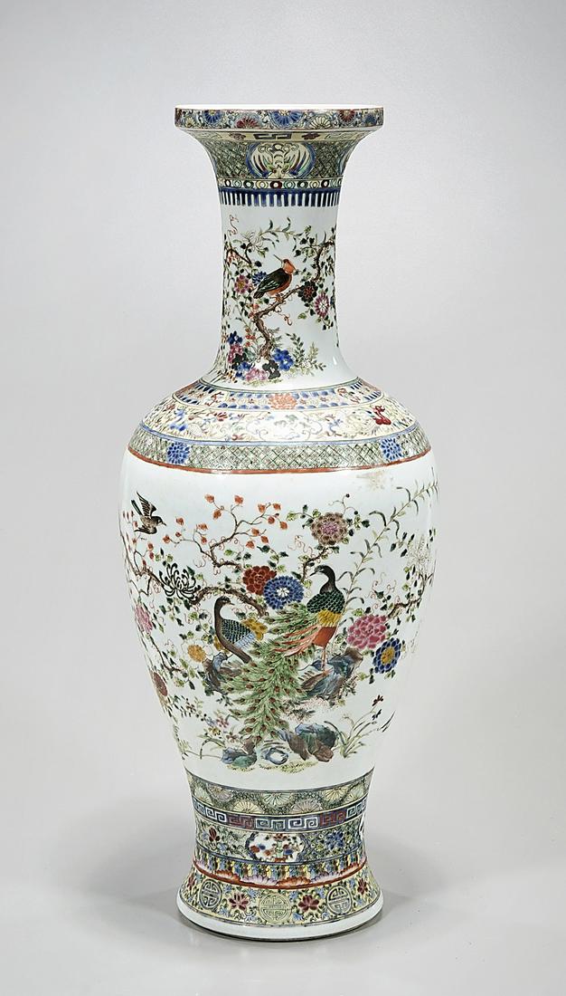 Chinese Enameled Porcelain Vase: Chinese enameled porcelain vase; with flowers and birds motif; 21 1/2" x 8"(approx.) Condition: wear, frits, pits, minor loss