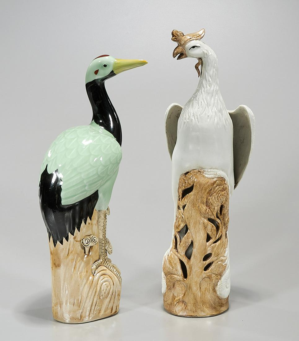 Two Chinese Porcelain Birds: Two Chinese porcelain birds; including a phoenix and crane; 18" x 6" x 2 1/2" (larger, approx.) Condition: wear, frits, pits, minor loss