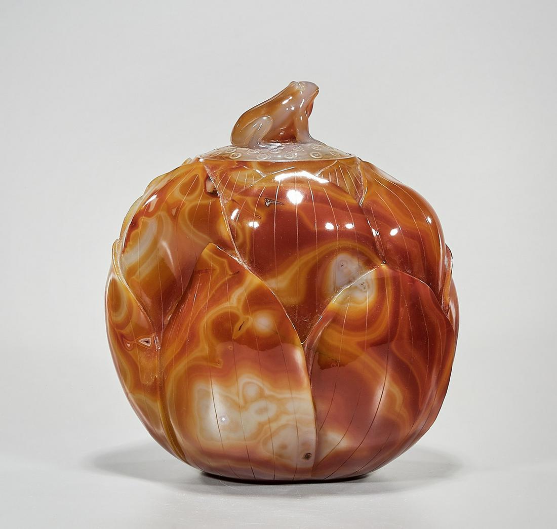 Chinese Carnelian Covered Box: Chinese carnelian covered box with frog finial; 11" x 9 1/2" x 7" (approx.) Condition: surface scuffing and scratches, wear, minor loss