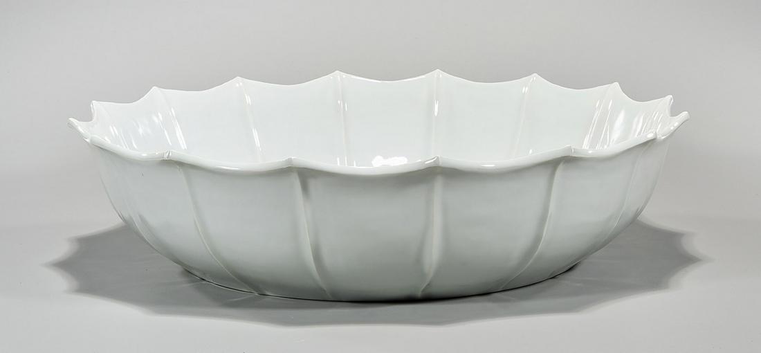 Large Chinese White Glazed Porcelain Bowl: Large Chinese white glazed porcelain bowl; wide scalloped rim; 5" x 19 1/2" (approx.) Condition: wear, frits, pits, minor loss