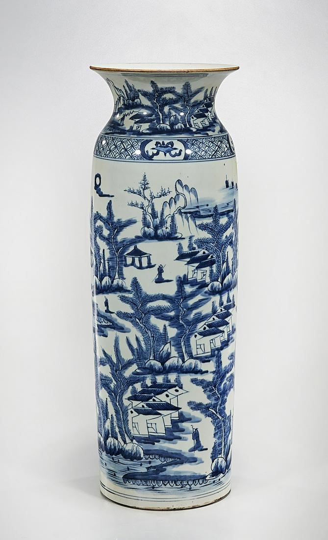Tall Chinese Blue and White Crackle Glazed Porcelain: Tall Chinese blue and white porcelain vase; figures with still lifes; 25" x 10" (approx.) Condition: wear, frits, pits, minor loss