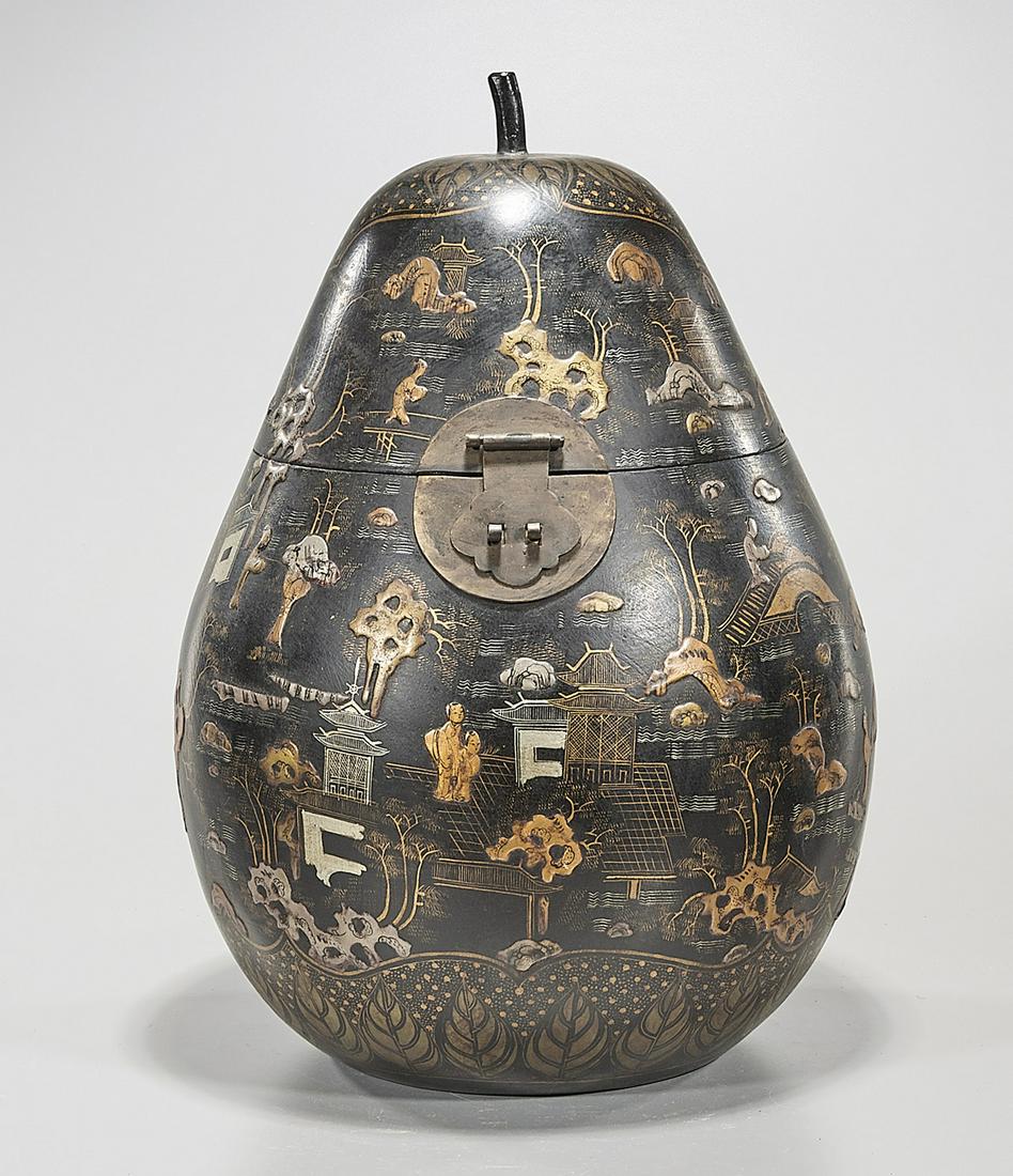 Chinese Lacquered Pear-Shaped Covered Box: Chinese lacquered pear-shaped hinged-lid box; with various scenes of figures, landscapes and architecture; 16 1/2" x 11" (approx.) Condition: wear, surface scuffing, minor losses