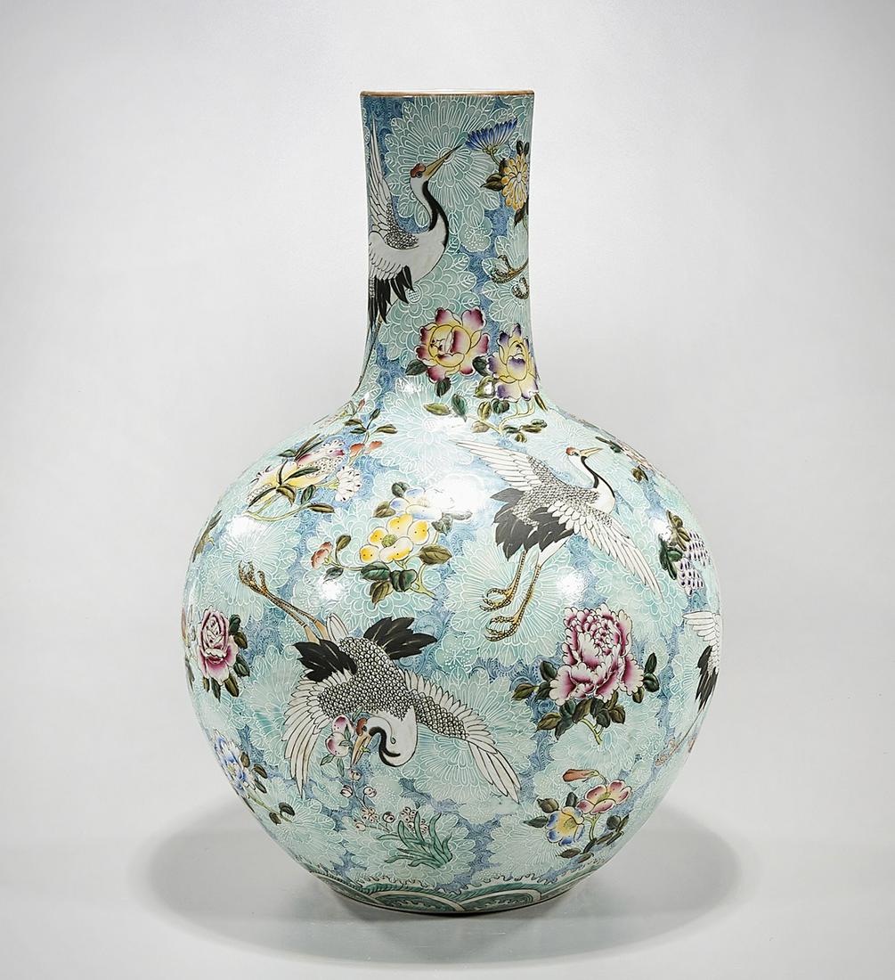 Chinese Enameled Porcelain Globular Vase: Chinese enameled porcelain globular vase; cranes and flower design; 22" x 14" (approx.) Condition: wear, frits, pits, minor loss