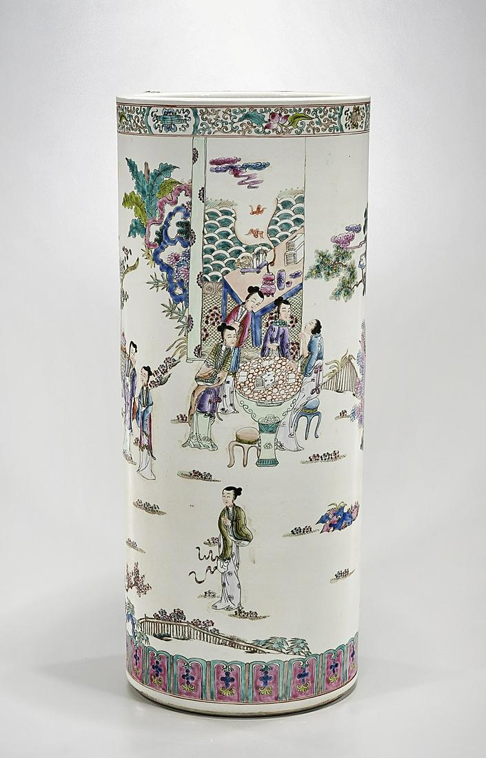 Chinese Enameled Porcelain Scroll Stand: Chinese enameled porcelain scroll stand; figures in a landscape; 23" x 9 1/2" (approx.) Condition: wear, frits, pits, minor loss