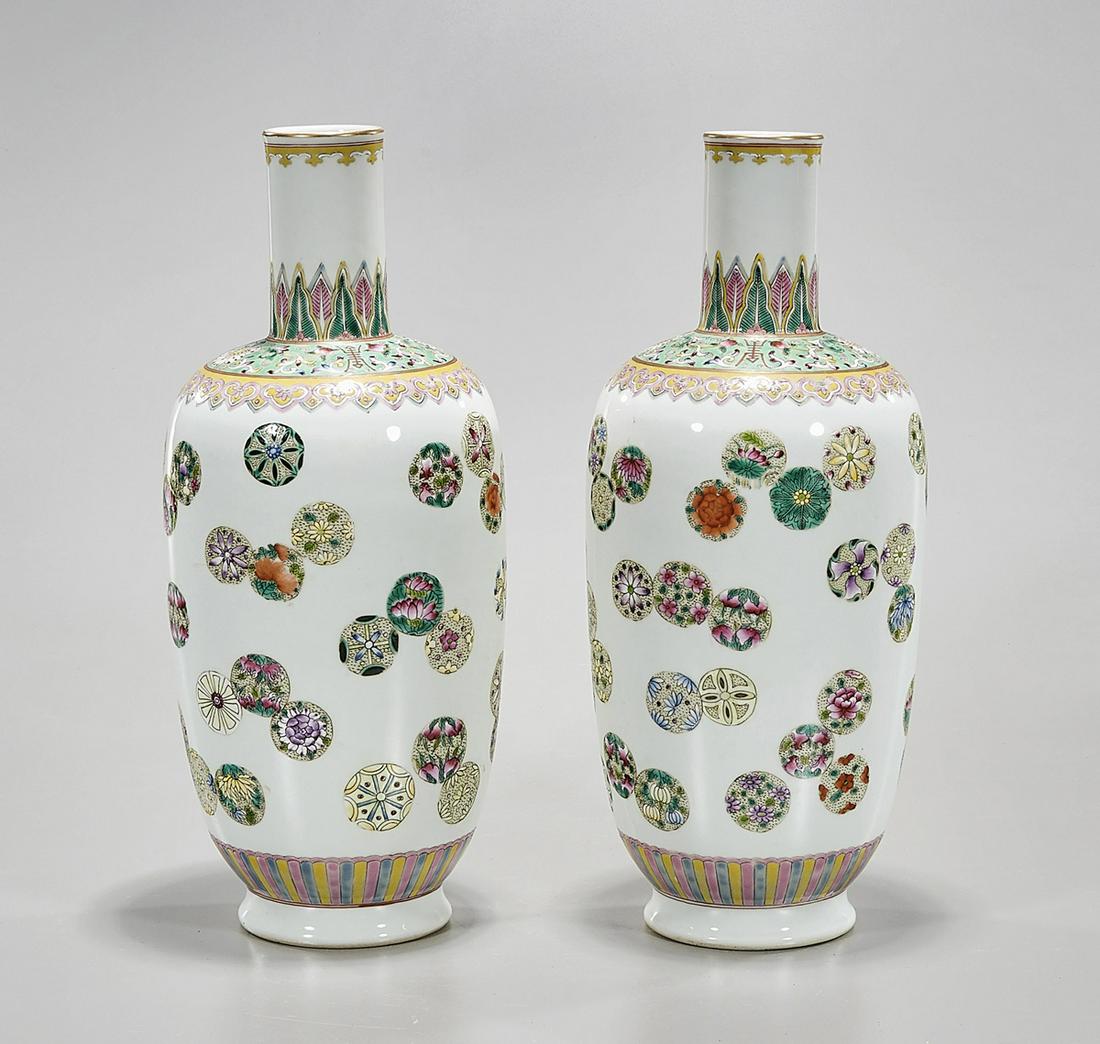 Pair Chinese Enameled Porcelain Vases: Pair of Chinese enameled porcelain vases; 12 1/2" x 5" (each, approx.) Condition: wear, frits, pits, minor loss